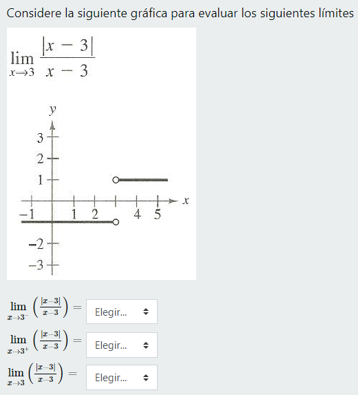 Considere la siguiente gráfica para evaluar los siguientes límites \[ \lim _{x \rightarrow 3} \frac{|x-3|}{x-3} \] \[ \begin{