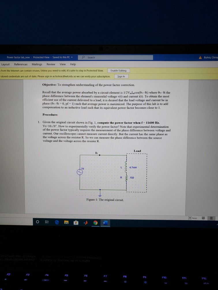 Solved Power factor lab_new - Protected View - Saved to this | Chegg.com