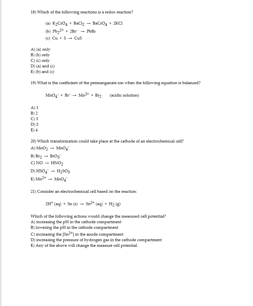 Solved 18) Which of the following reactions is a redox | Chegg.com