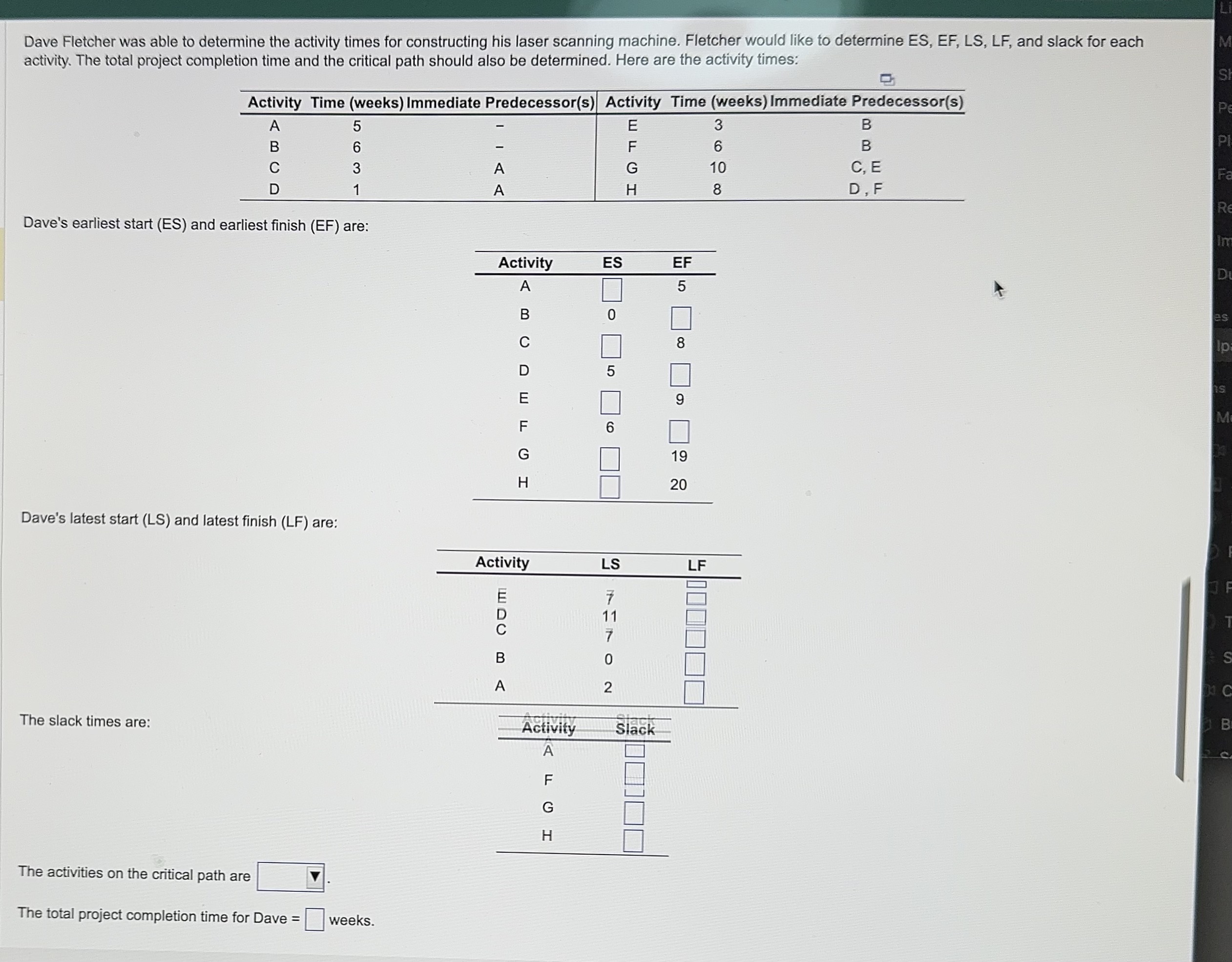 Solved Dave Fletcher Was Able To Determine The Activity | Chegg.com