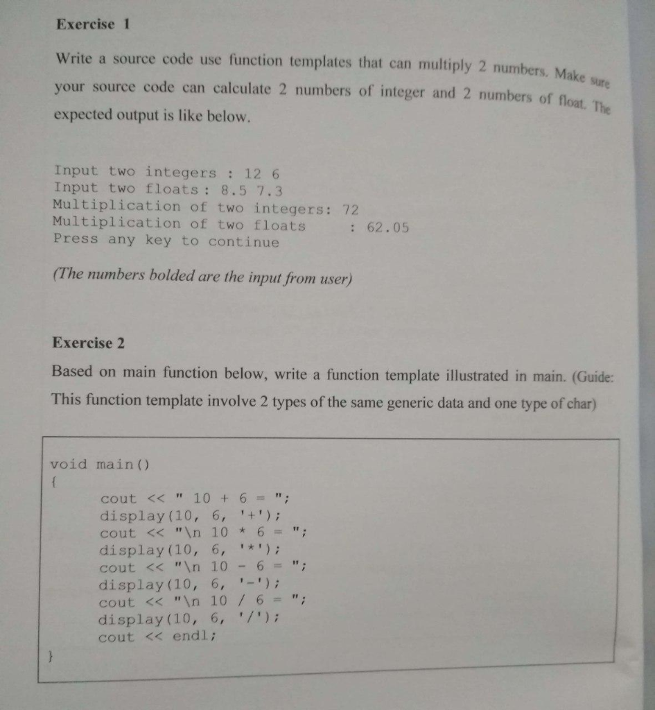 Solved Exercise 1 Write a source code use function templates | Chegg.com