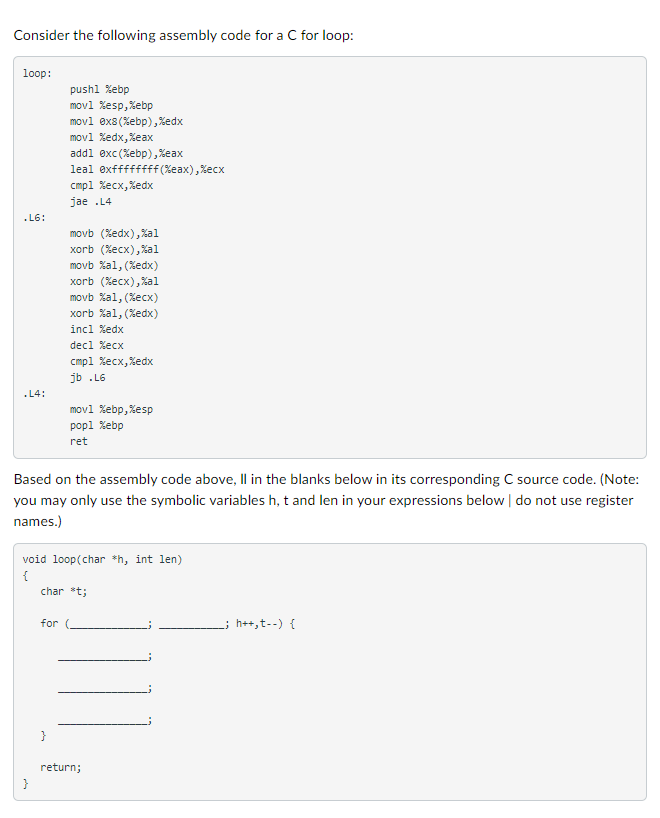 Solved Consider the following assembly code for a C for | Chegg.com