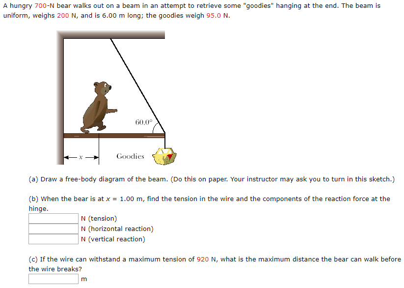 Solved A hungry 700-N bear walks out on a beam in an attempt | Chegg.com