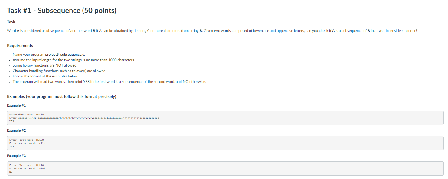 Solved Task \#1 - Subsequence (50 points) Task Requirements | Chegg.com