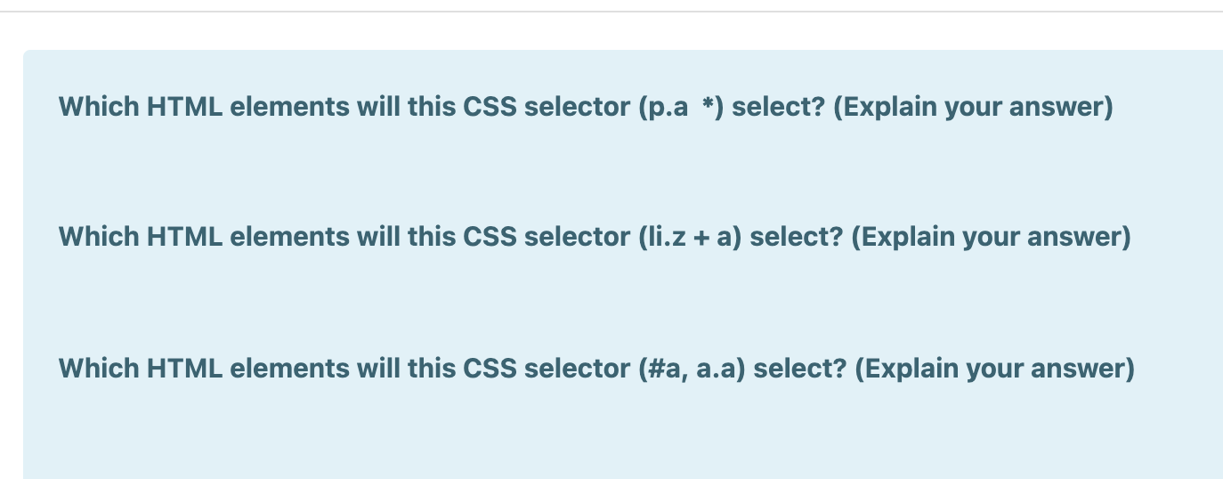 Solved Which HTML elements will this CSS selector (p.a *) | Chegg.com