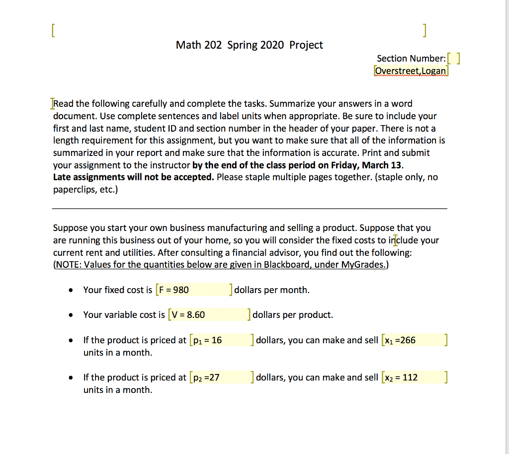 Math 202 Spring 2020 Project Section Number: [ ] | Chegg.com