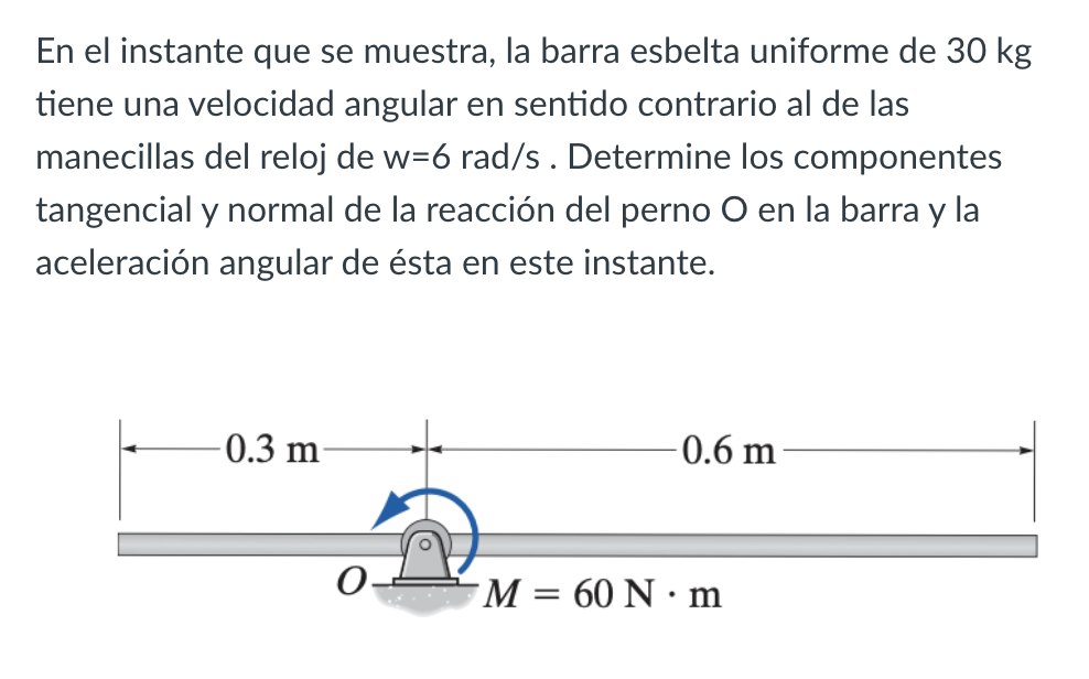 En el instante que se muestra, la barra esbelta uniforme de 30 kg tiene una velocidad angular en sentido contrario al de las