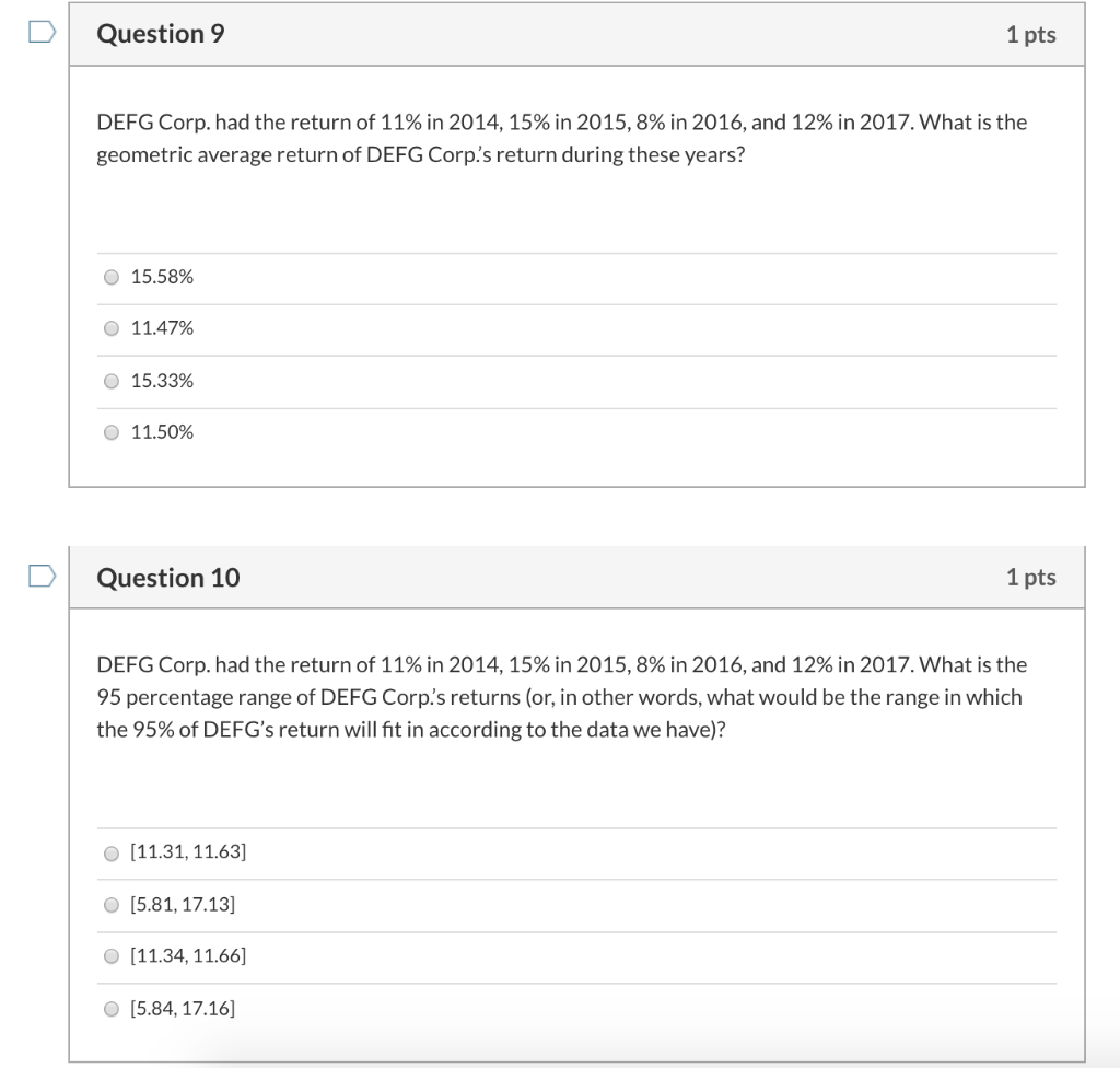 Solved question 9 1 pts defg corp had the return of 11 in chegg