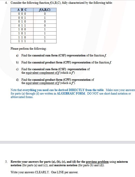 Solved 1 4. Consider the following function (A,B,C), fully | Chegg.com
