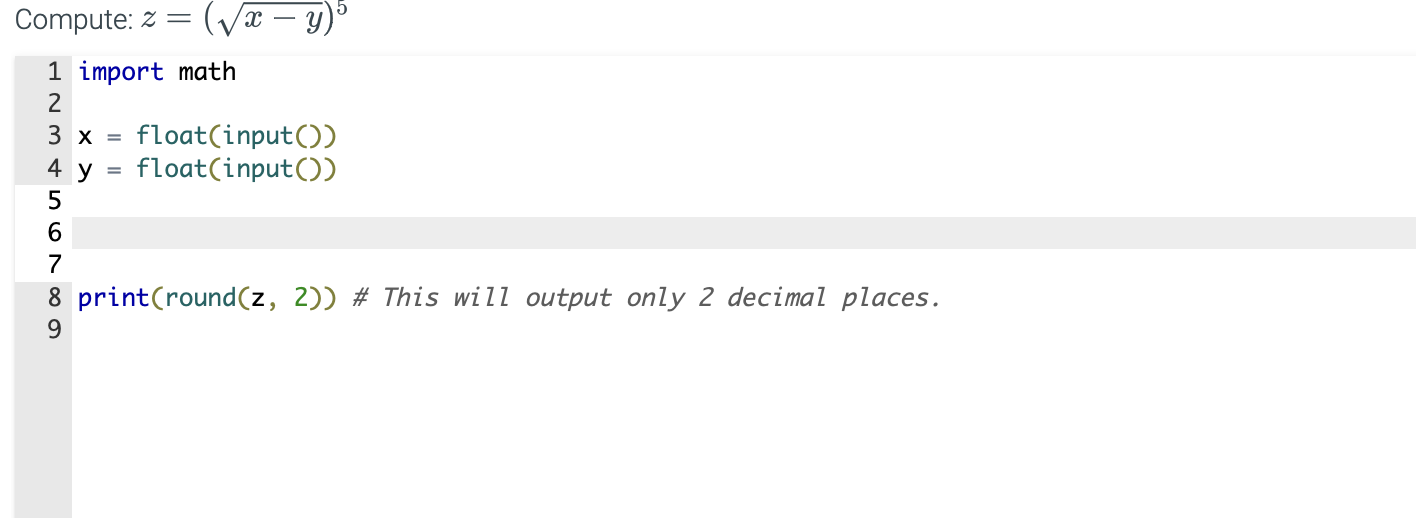 Solved Compute: 2 = (V x - y)" 1 import math 2 3 x = | Chegg.com
