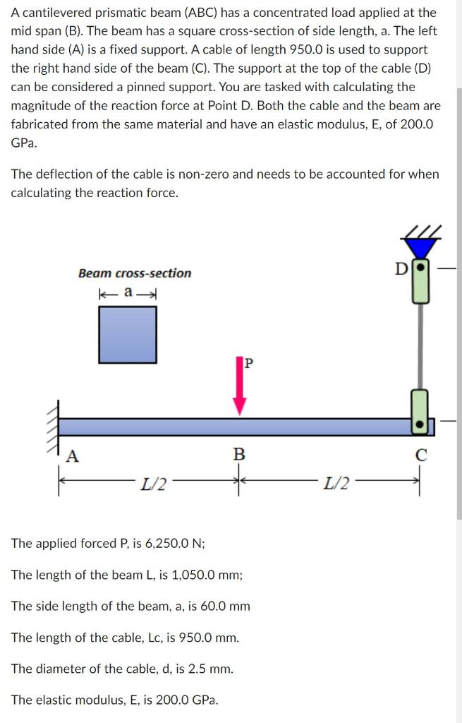 A cantilevered prismatic beam \( (\mathrm{ABC}) \) has a concentrated load applied at the mid span (B). The beam has a square