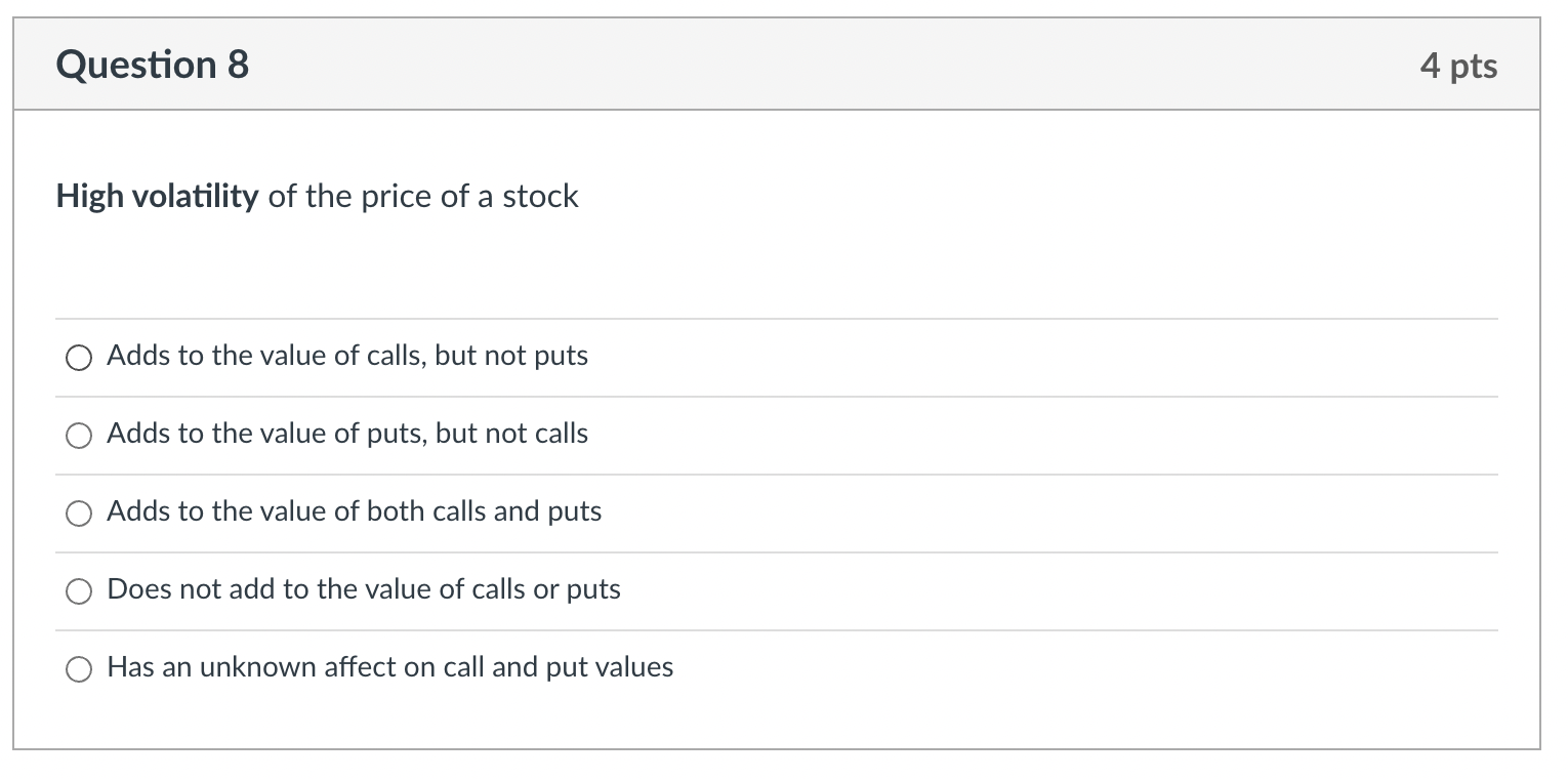 Solved Question 8 4 pts High volatility of the price of a | Chegg.com