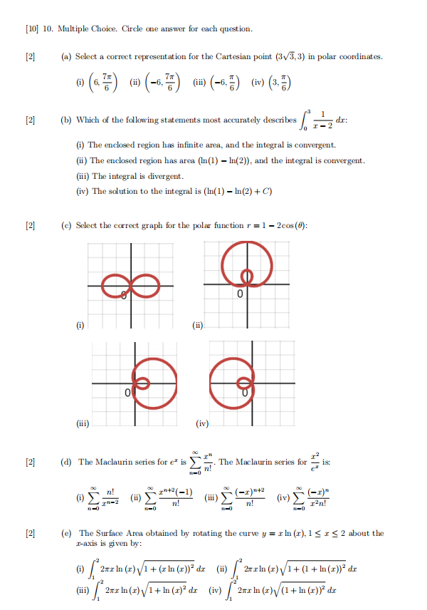 Solved [10] 10. Multiple Choice. Circle one answer for each | Chegg.com