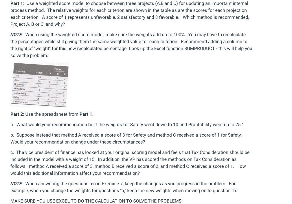 Solved Part 1: Use a weighted score model to choose between | Chegg.com