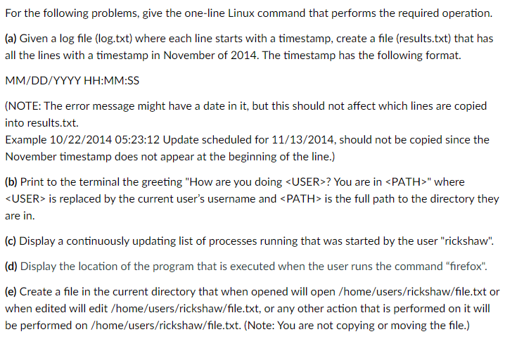 Solved For the following problems, give the one-line Linux | Chegg.com