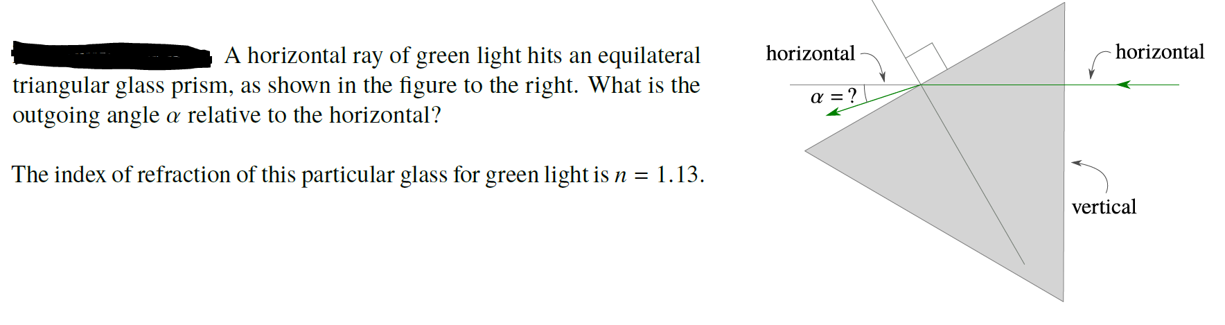 Solved horizontal horizontal A horizontal ray of green light | Chegg.com