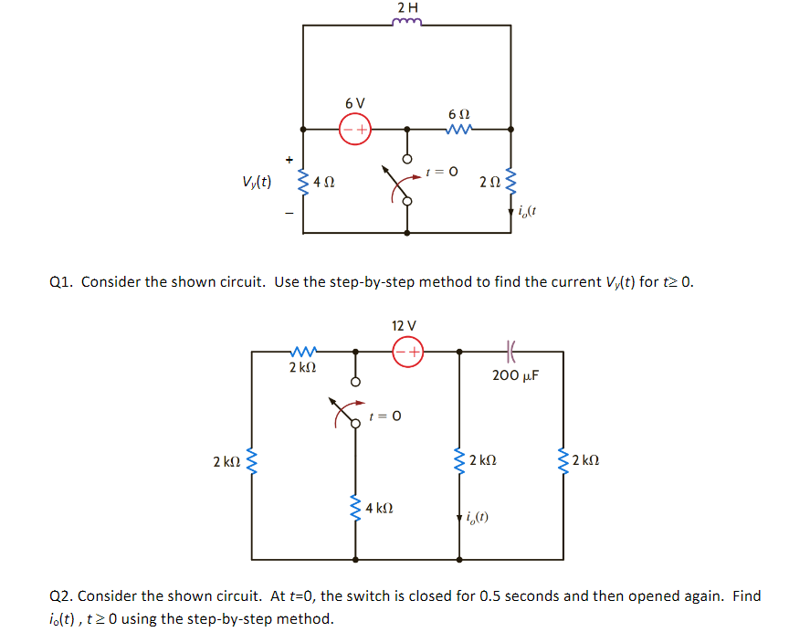 Solved 2Η 6V 6Ω - + Vy(t) 4 Ω 2Ω ξ (t Q1. Consider the shown | Chegg.com