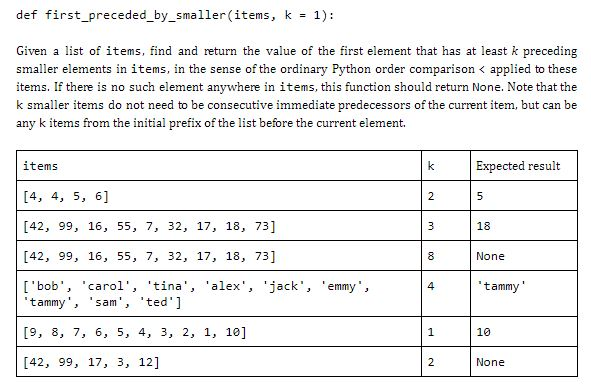 Solved def first_preceded_by_smaller (items, k = 1): Given a | Chegg.com