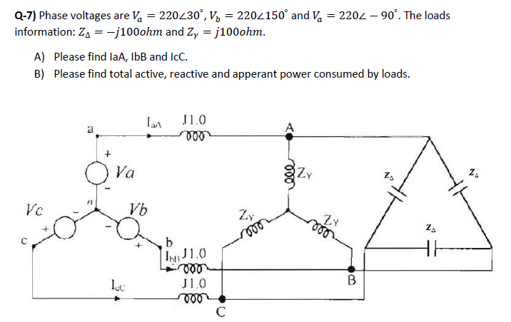 Solved Q-7) Phase voltages are Va=220∠30∘,Vb=220∠150∘ and | Chegg.com