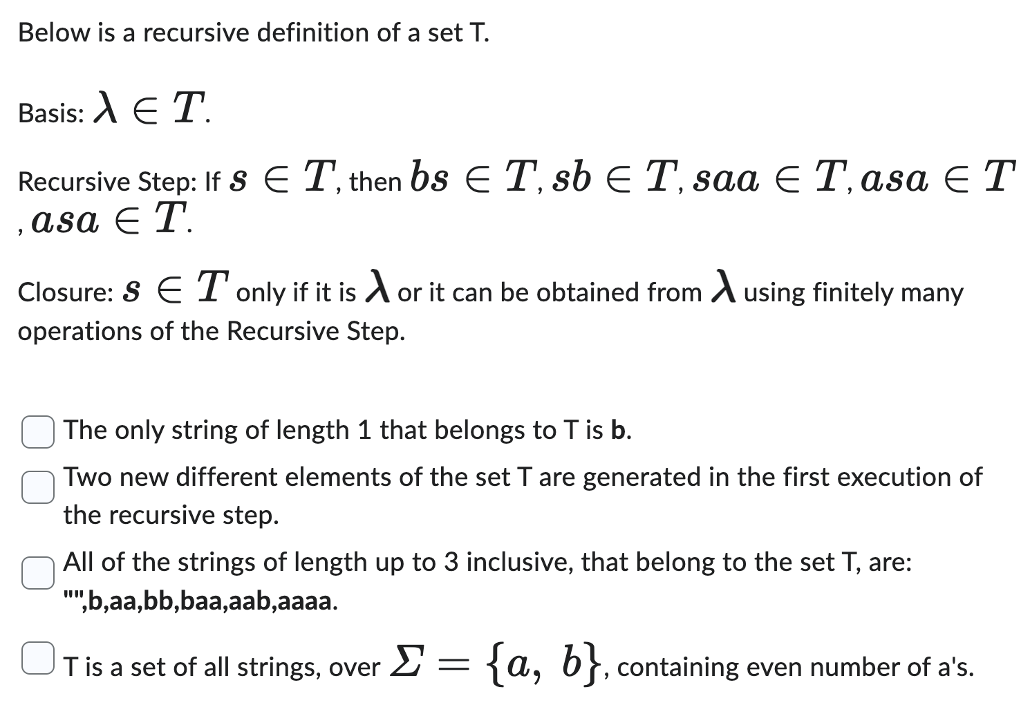 Below is a recursive definition of a set T.Basis: | Chegg.com