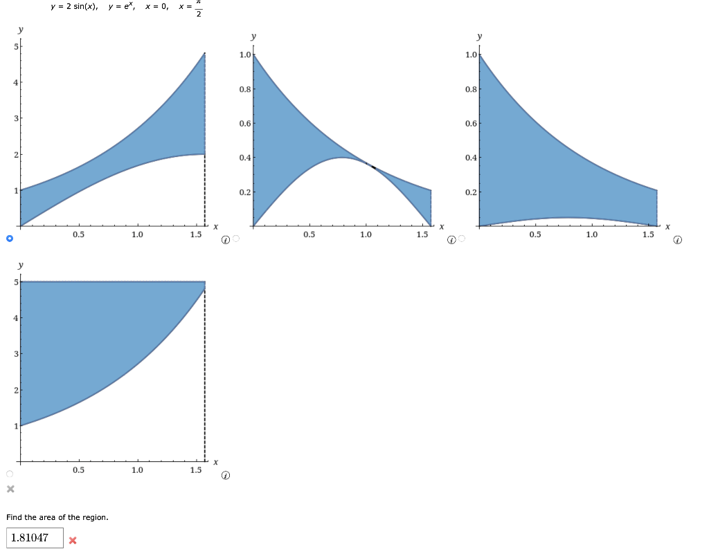 \[ y=2 \sin (x), \quad y=\mathrm{e}^{x}, \quad x=0, \quad x=\frac{}{2} \] Find the area of the region.