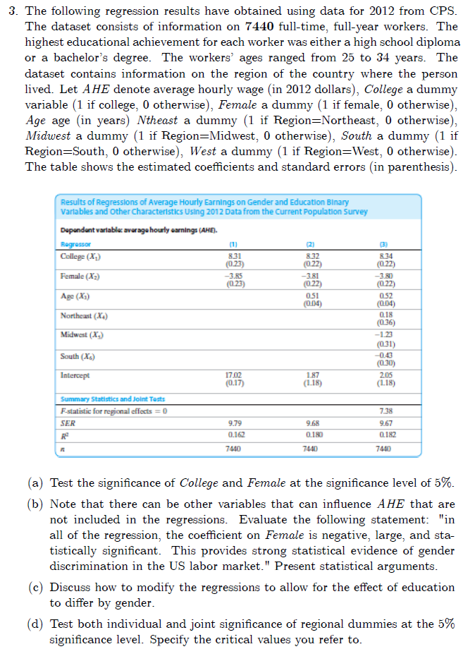 Solved 3. The following regression results have obtained | Chegg.com