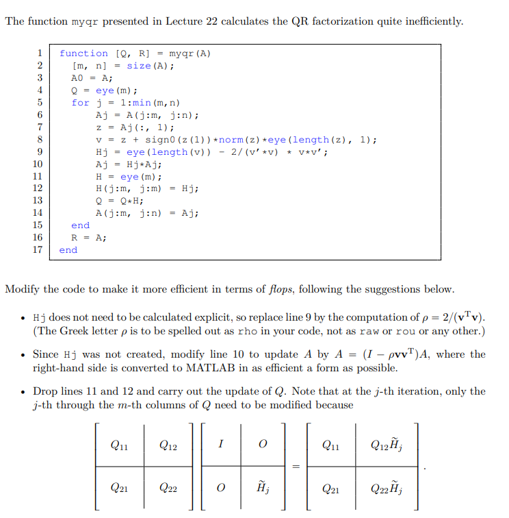 Solved The function myqr presented in Lecture 22 calculates | Chegg.com