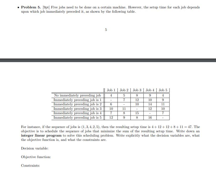 Solved • Problem 5. [9pt] Five jobs need to be done on a | Chegg.com