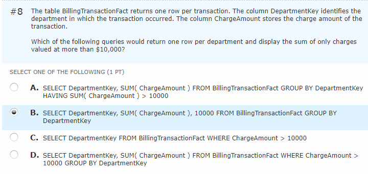 Solved 8 The table Billing TransactionFact returns one row