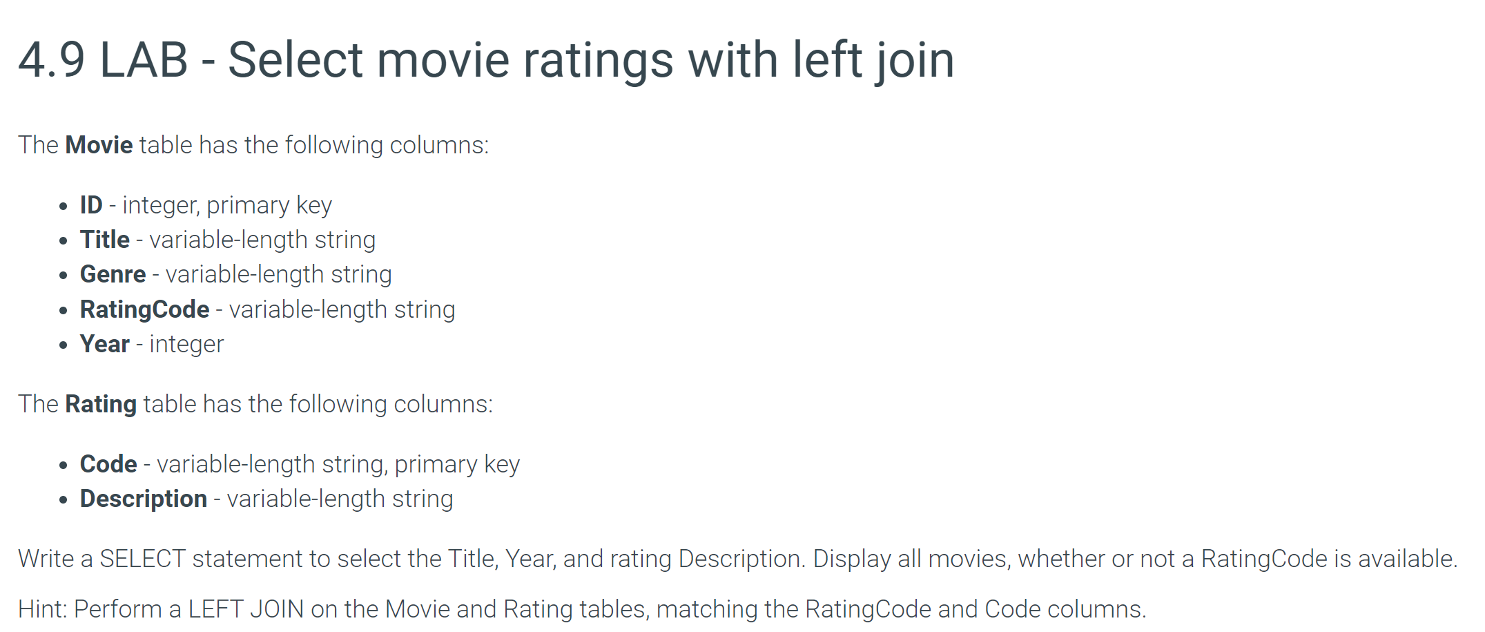 Solved 4.9 ﻿LAB - ﻿Select movie ratings with left joinThe | Chegg.com
