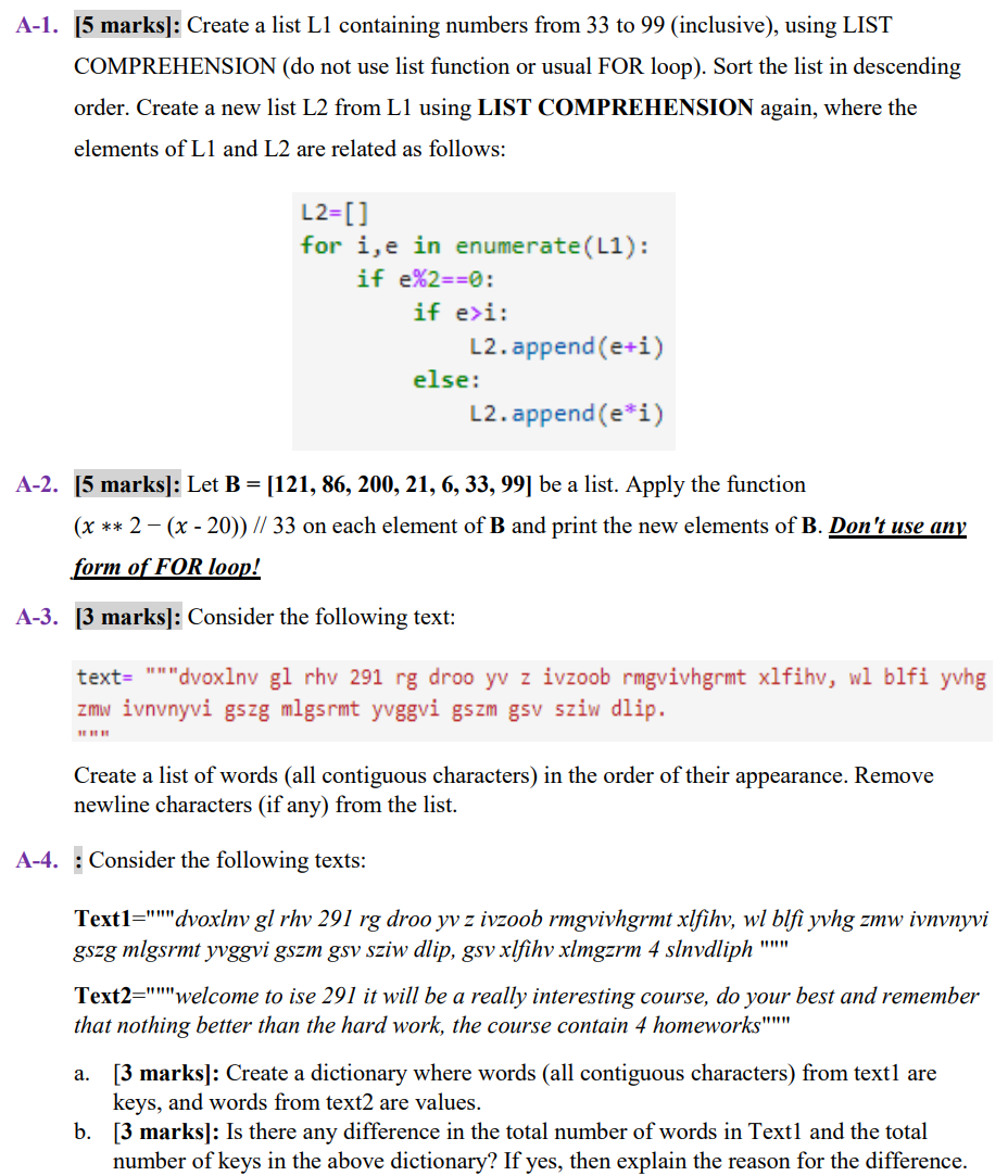 A-1. [5 marks]: Create a list L1 containing numbers | Chegg.com