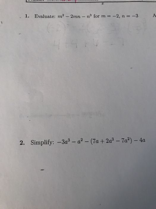 Solved . 1. Evaluate: m2-2mn - n3 for m-2, n- -3 A 2. | Chegg.com