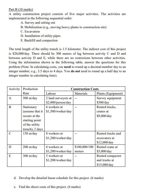 Solved Part B (10 marks) A utility construction project | Chegg.com