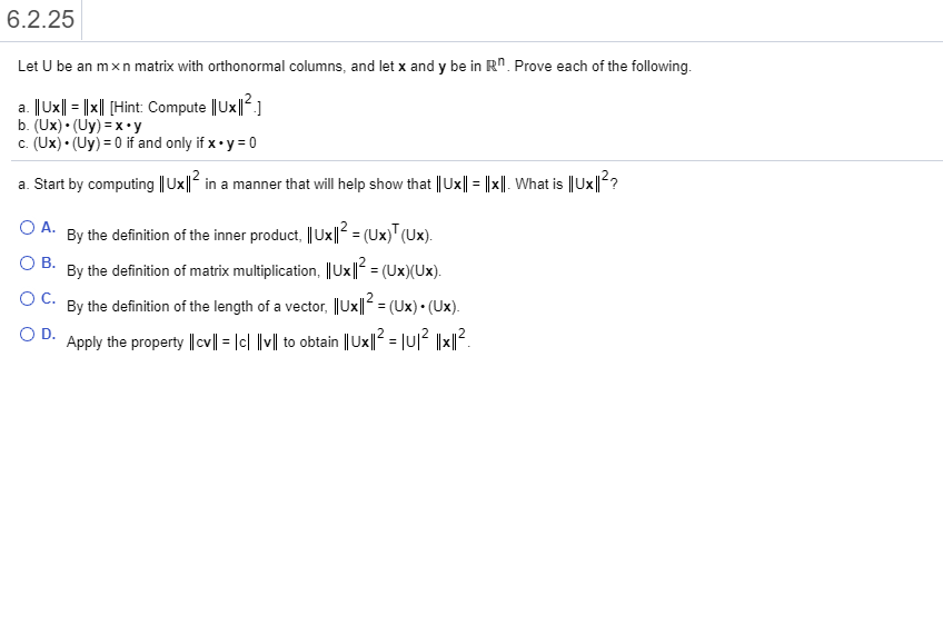 Solved 6 2 25 Let U Be An Mxn Matrix With Orthonormal Col Chegg Com