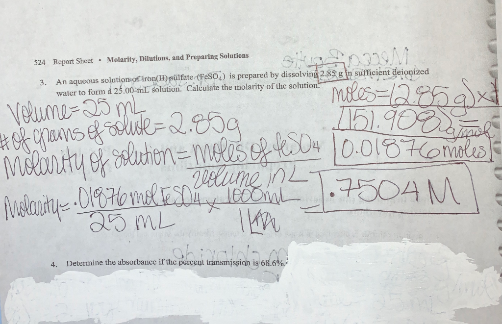 Solved 524 Report Sheet • Molarity, Dilutions, and Preparing