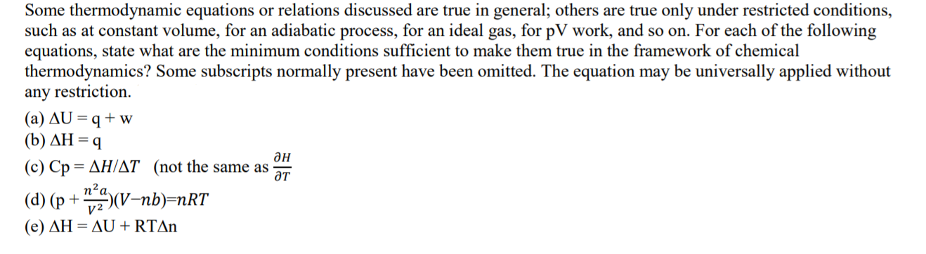 Solved Some thermodynamic equations or relations discussed | Chegg.com