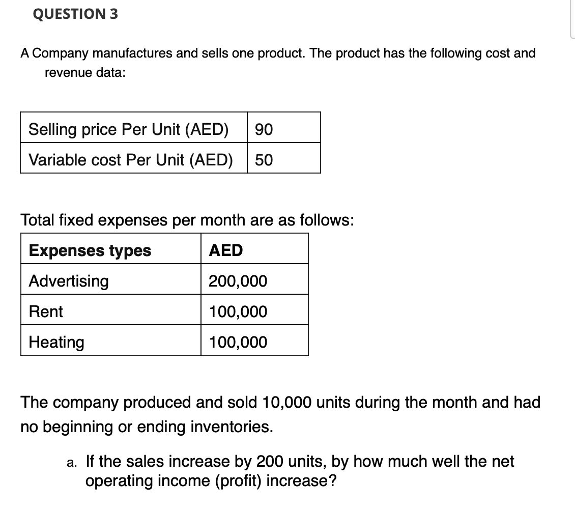 Solved A Company manufactures and sells one product. The | Chegg.com