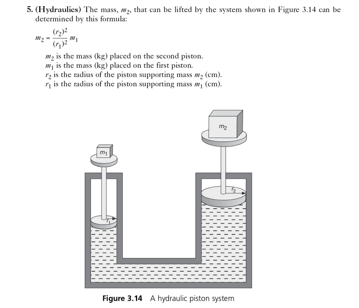 5. (Hydraulics) The mass, m2, that can be lifted by the system shown in Figure 3.14 can be determined by this formula: (r2) m