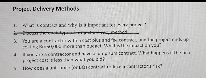 Solved Project Delivery Methods 1. What is contract and why | Chegg.com
