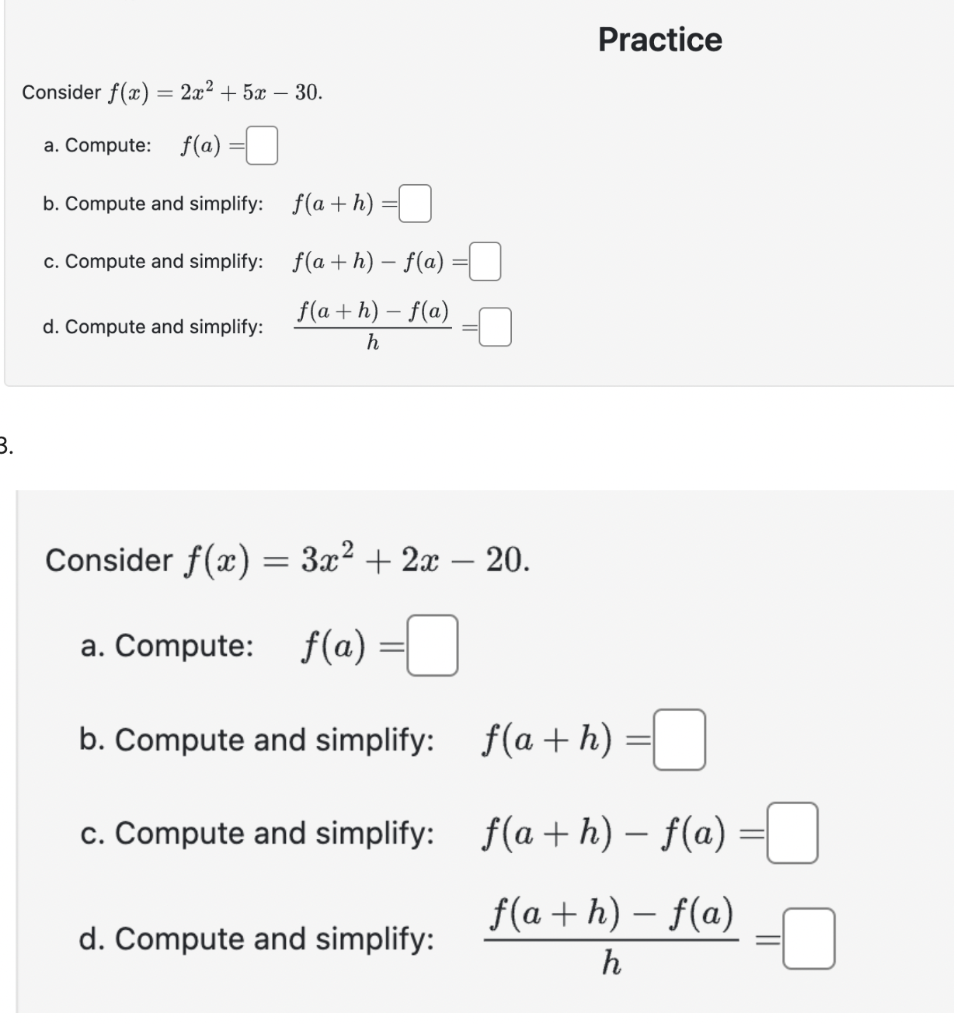 Solved Consider f(x)=2x2+5x−30 a. Compute: f(a)= b. Compute | Chegg.com