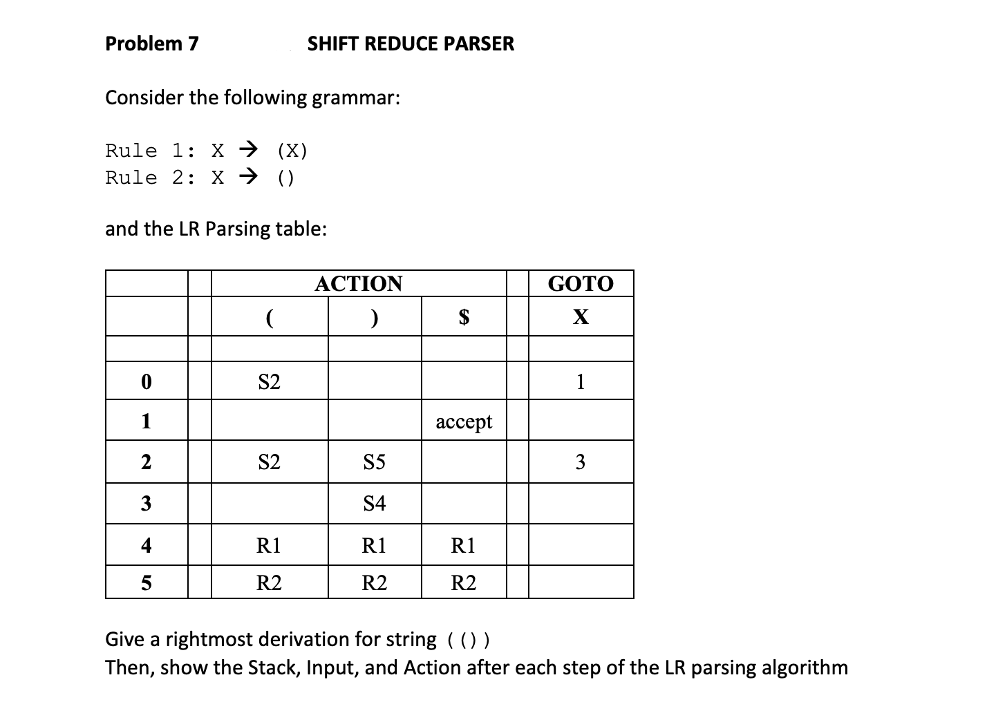 Solved Problem 7 SHIFT REDUCE PARSER Consider the following | Chegg.com