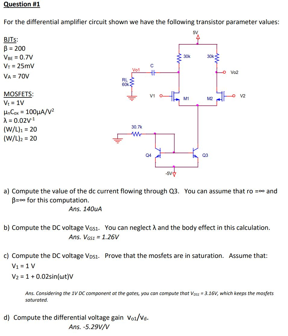 Solved Question #1 For The Differential Amplifier Circuit | Chegg.com