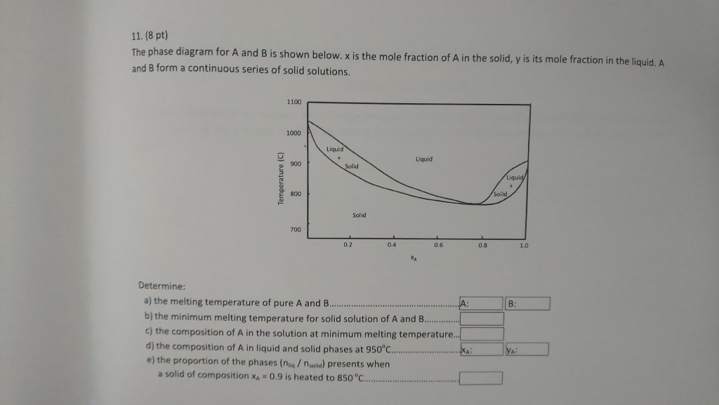 Solved 11. (8 pt) The phase diagram for A and B is shown | Chegg.com