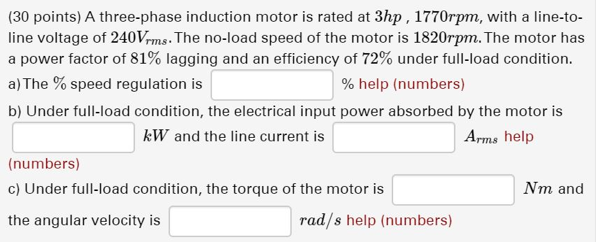 Solved (30 points) A three-phase induction motor is rated at | Chegg.com