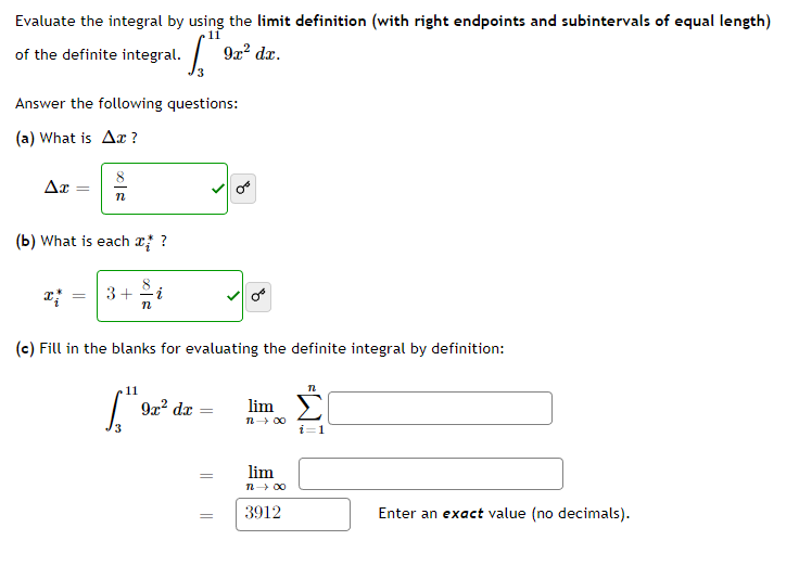 Evaluate the integral by using the limit definition (with right endpoints and subintervals of equal length) of the definite i