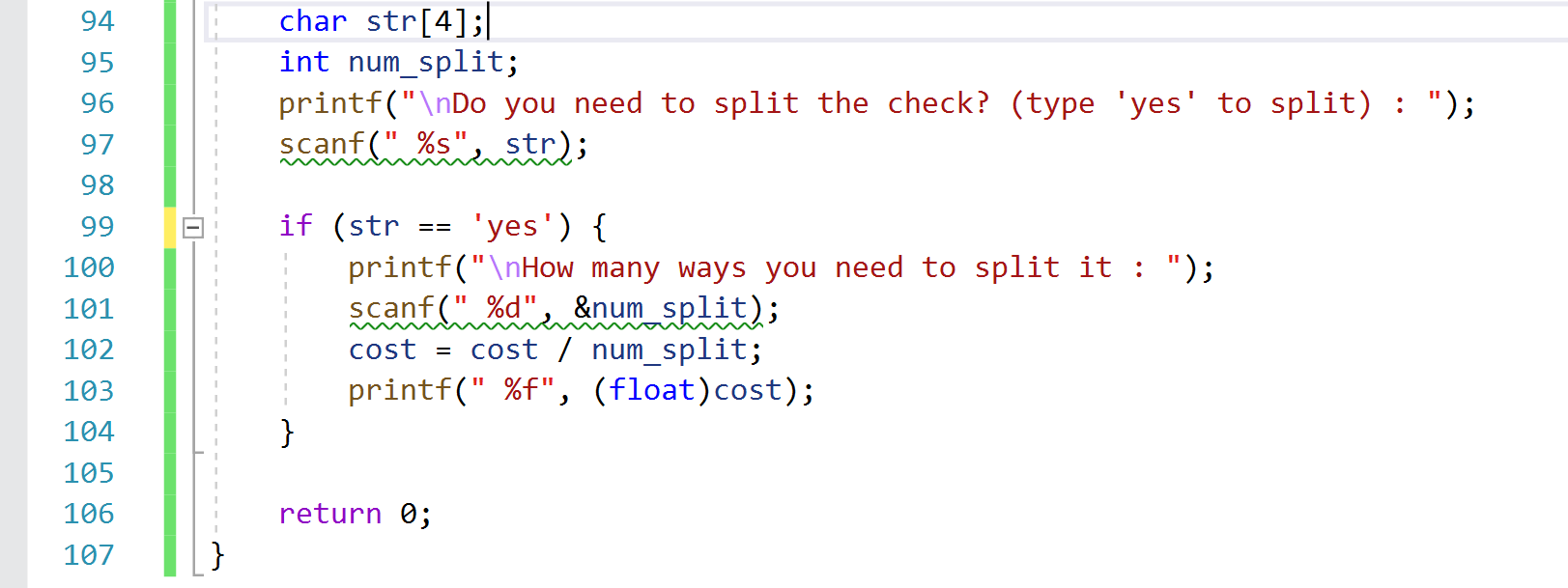 Solved 94 95 char str[4];/ int num_split; printf("\nDo you | Chegg.com
