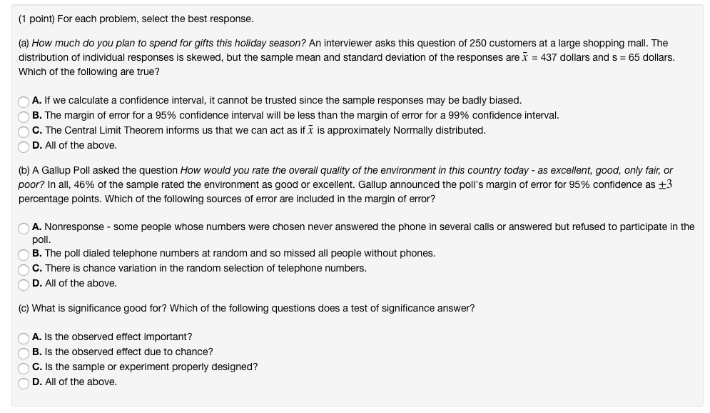 Solved (1 point) For each problem, select the best response | Chegg.com