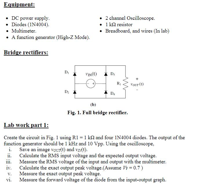 Solved Equipment • DC power supply. • Diodes (1N4004). •