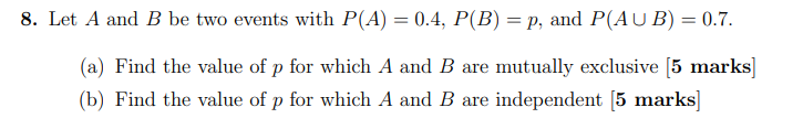 Solved Let A And B Be Two Events With P(A) = 0.4, P(B) = P, | Chegg.com