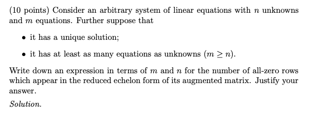 Solved (10 points) Consider an arbitrary system of linear | Chegg.com